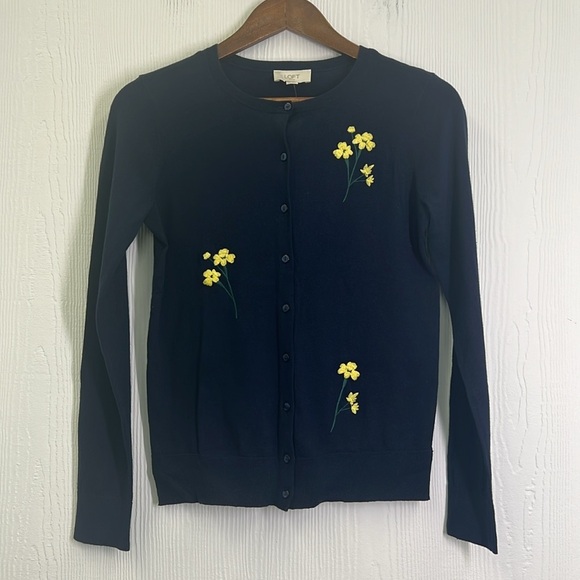 Loft - NWT Navy Embroidered Yellow Flowers Button Down Lightweight Cardigan XS - Picture 7 of 11